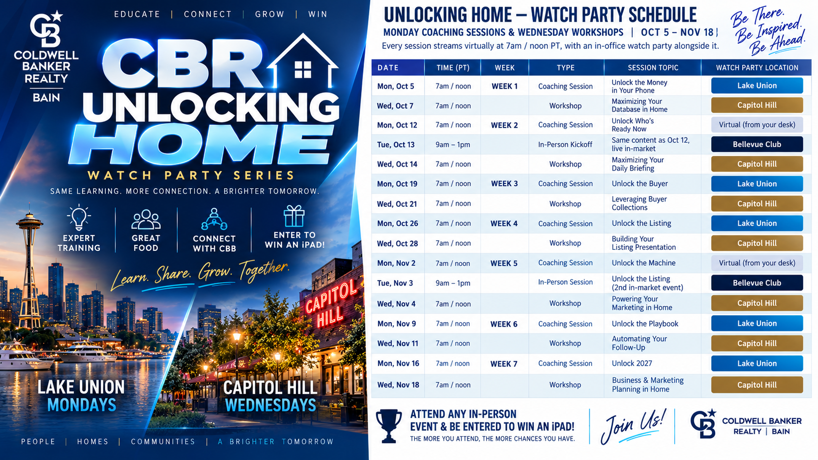CBR Unlocking Home Watch Party Series — Lake Union Mondays, Capitol Hill Wednesdays